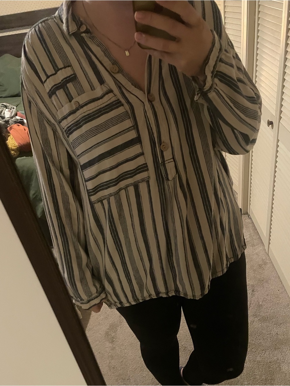 We The Free Cream and Navy Striped Button-Down Shirt
